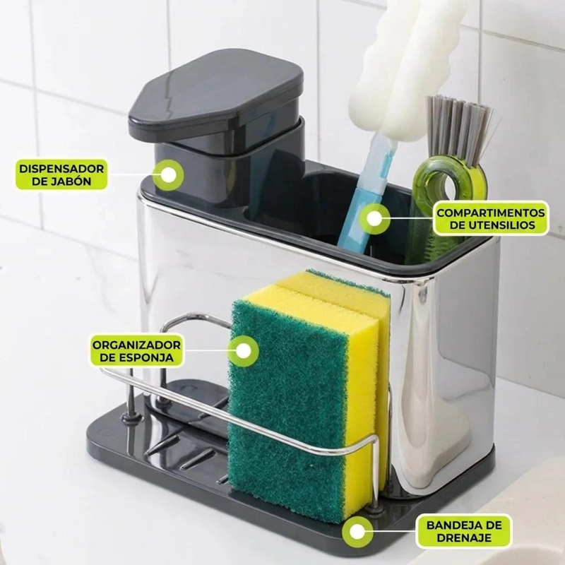 DISPENSADOR DE JABON LIQUIDO CON PORTA ESPONJA PRACTICO - 3