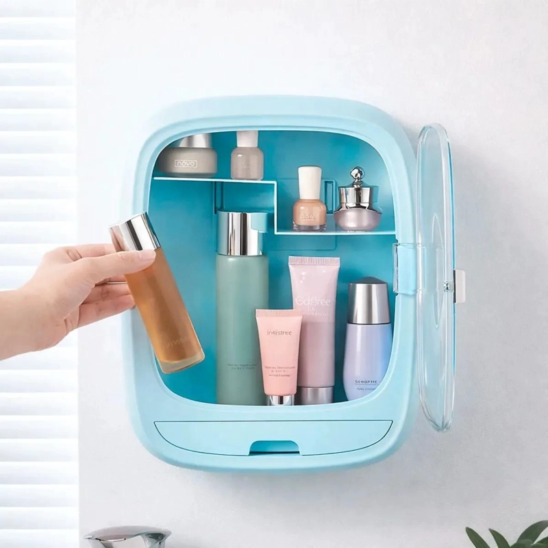 ORGANIZADOR PLEGABLE DE MAQUILLAJE PARA BAÑO EN COLOR AZUL CELESTE - 2