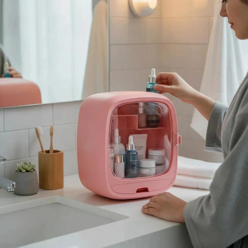 ORGANIZADOR PLEGABLE DE MAQUILLAJE PARA BAÑO EN COLOR AZUL CELESTE - 3