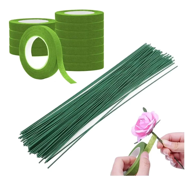 250 TALLOS DE ALAMBRE FLORAL Y 12 ROLLOS DE CINTA VERDE - 1
