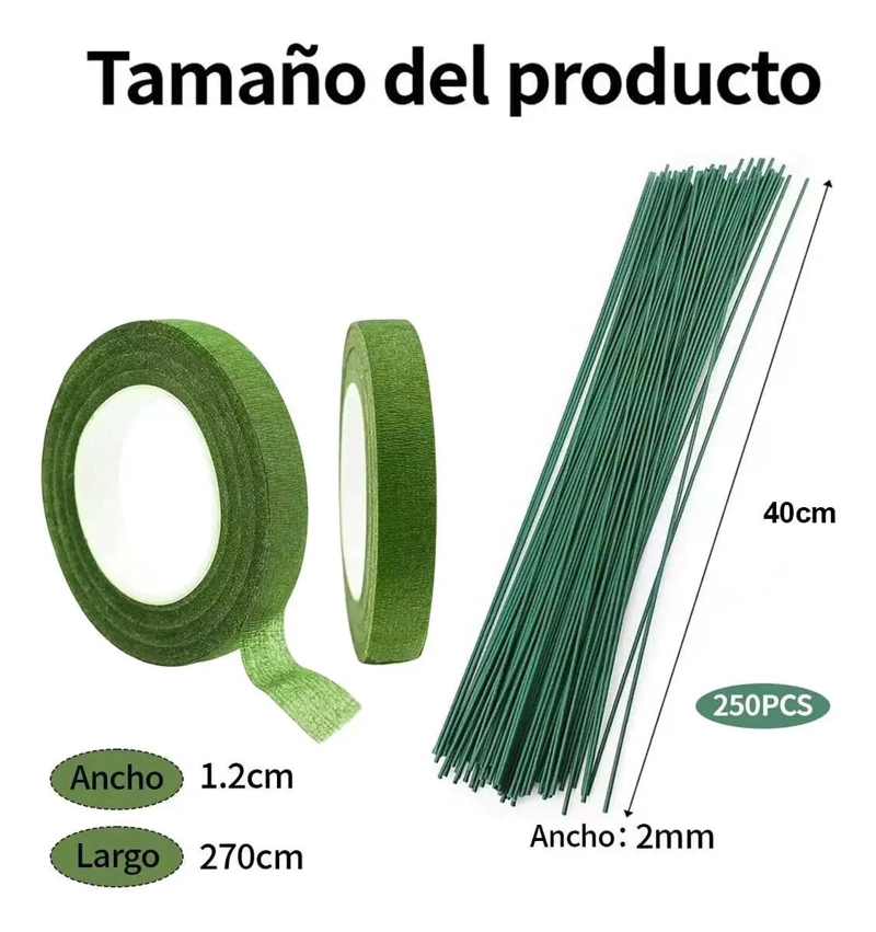 250 TALLOS DE ALAMBRE FLORAL Y 12 ROLLOS DE CINTA VERDE - 2