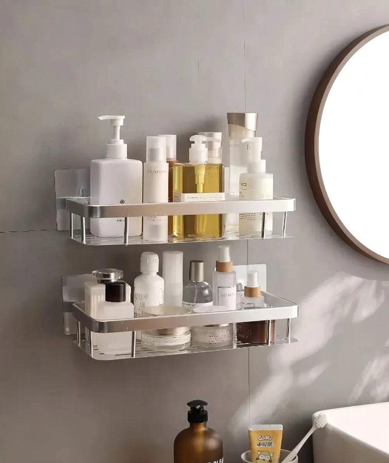 ORGANIZADOR DE BAÑO ADHESIVO CON 2 ESTANTES DE ALUMINIO - 6