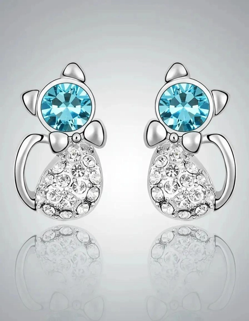 AROS GATITO CON CRISTALES AUSTRIACOS EN PLATA CELESTE - 1