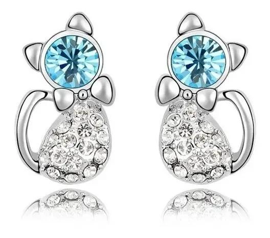 AROS GATITO CON CRISTALES AUSTRIACOS EN PLATA CELESTE - 3