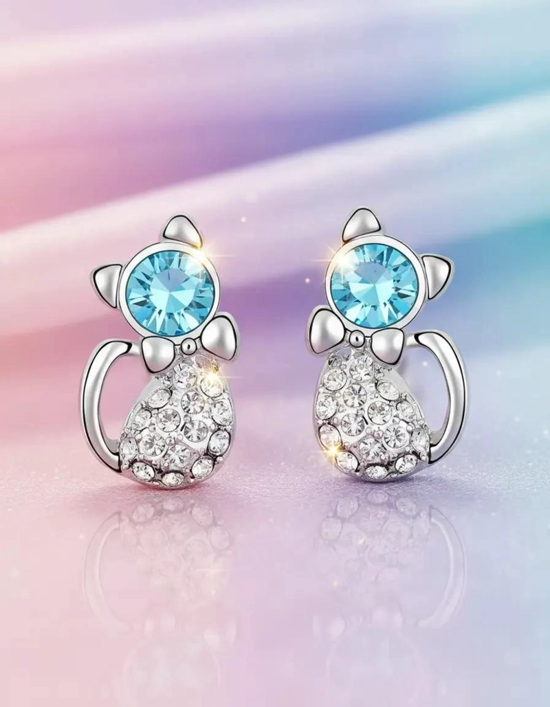 AROS GATITO CON CRISTALES AUSTRIACOS EN PLATA CELESTE - 6
