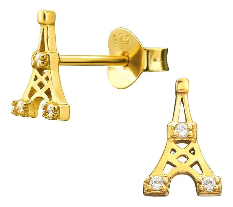 ARETES PEQUEÑOS EN FORMA DE TORRE EIFFEL EN PLATA 925 CON BAÑO DE ORO - 1