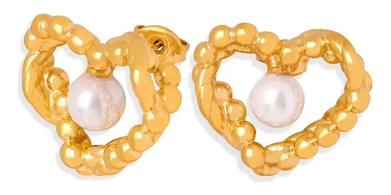 AROS DE CORAZON BAÑADOS EN ORO AMARILLO CON PERLA - 1