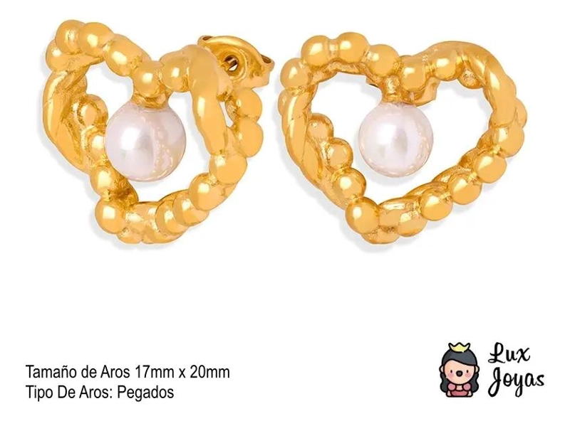 AROS DE CORAZON BAÑADOS EN ORO AMARILLO CON PERLA - 3
