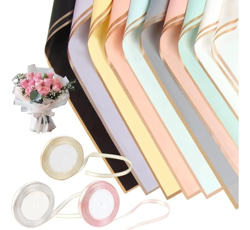 40 HOJAS DE PAPEL DE REGALO PARA FLORES CON BORDE DORADO - 1