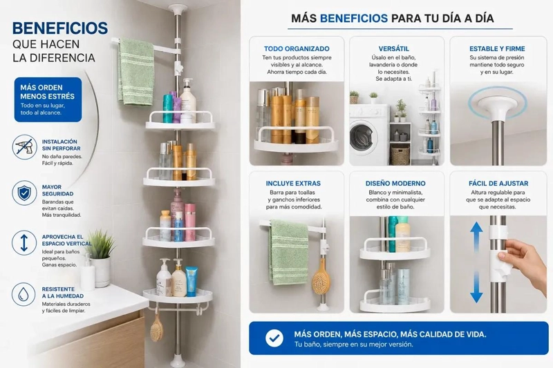 ORGANIZADOR DE DUCHA ESQUINERO CON BARRA DE TENSION AJUSTABLE - 4