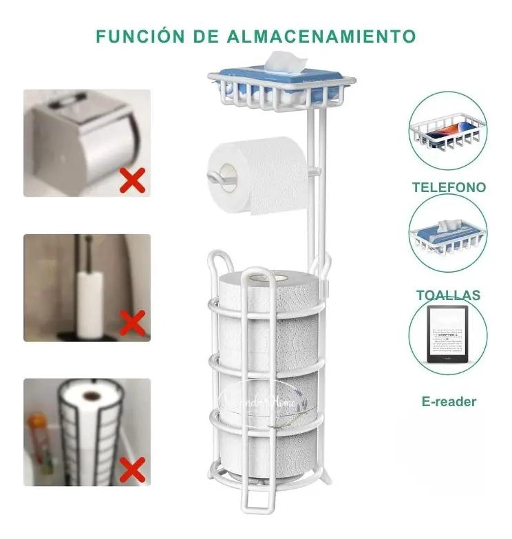SOPORTE DE PAPEL HIGIE NICO DE PIE CON ESTANTE BLANCO - 2