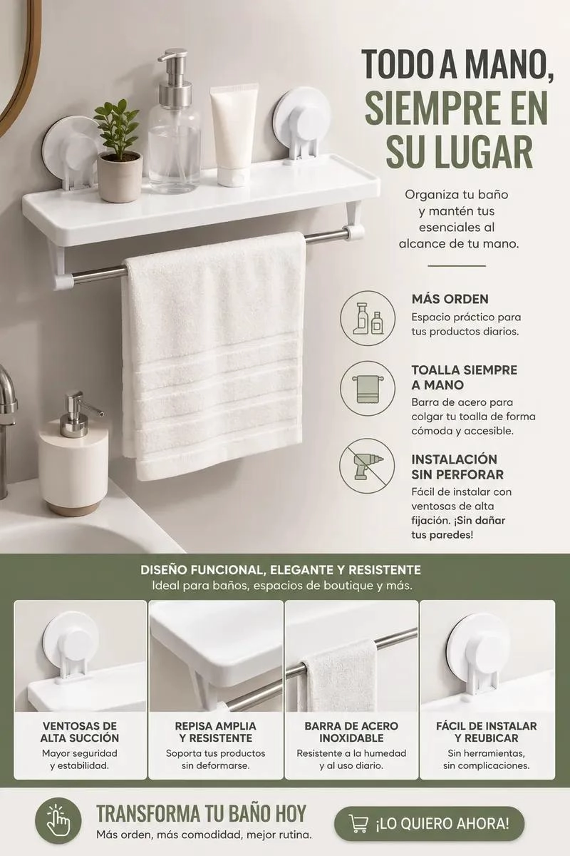 REPISA DE BAÑO CON ADHESIVO Y PORTA TOALLA FUNCIONAL - 6