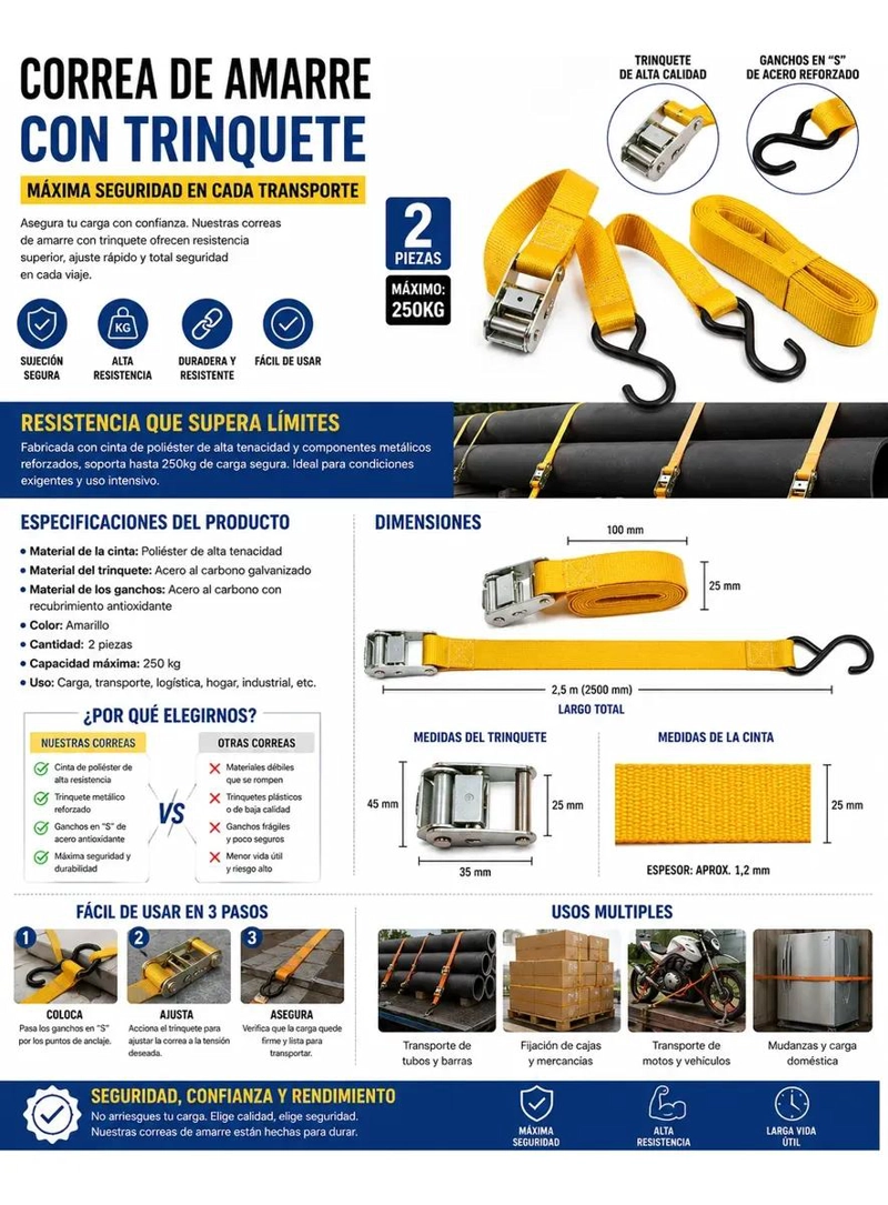 CINTA DE AMARRE AJUSTABLE REFORZADA PARA CARGAS DE 250KG - 5