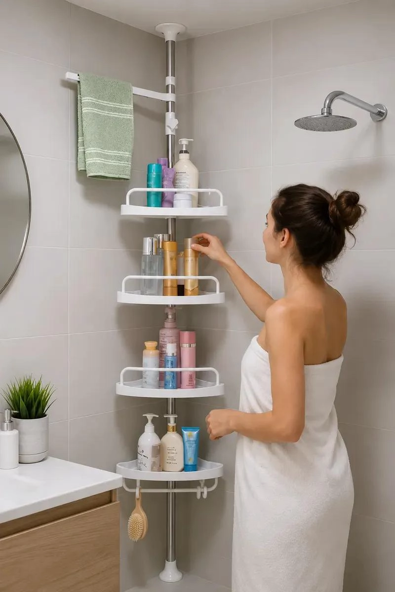 ORGANIZADOR DE BAÑO ESQUINERO CON BARRA TELESCOPICA AJUSTABLE - 2