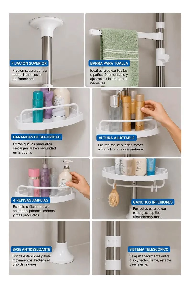 ORGANIZADOR DE BAÑO ESQUINERO CON BARRA TELESCOPICA AJUSTABLE - 3