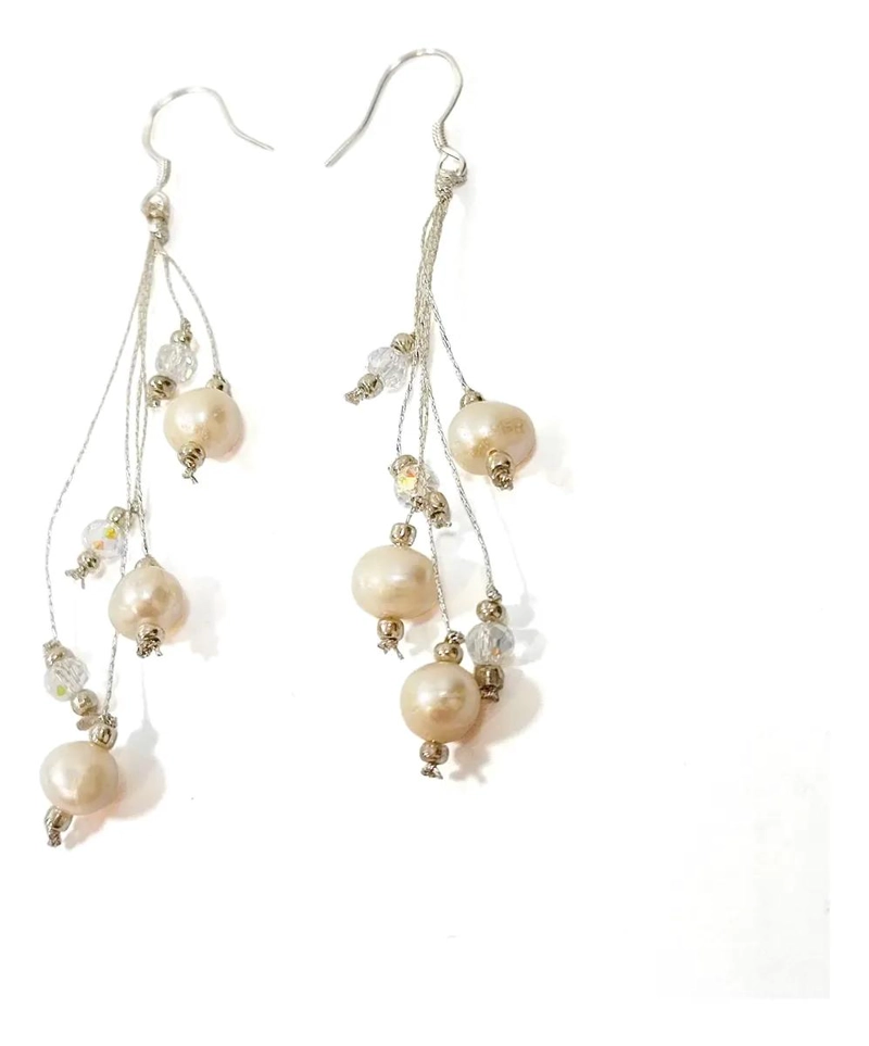 AROS ELEGANTES CON RACIMO DE PERLAS DE RIO Y HILOS PLATEADOS - 1