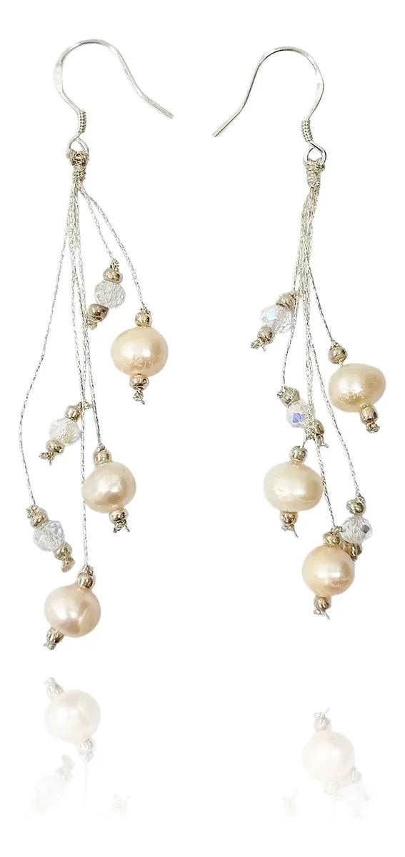 AROS ELEGANTES CON RACIMO DE PERLAS DE RIO Y HILOS PLATEADOS - 2