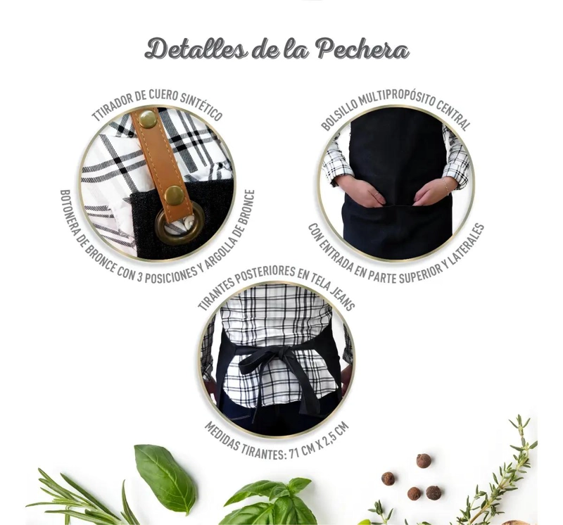DELANTAL ENTERO DE JEANS NEGRO CON TIRANTES AJUSTABLES Y BOLSILLOS - 3