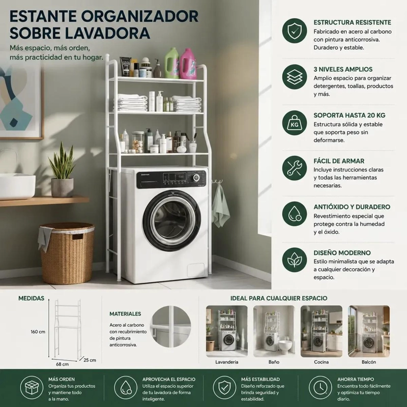 ESTANTE ORGANIZADOR METALICO DE 3 NIVELES PARA BAÑO Y LAVADORA - 2
