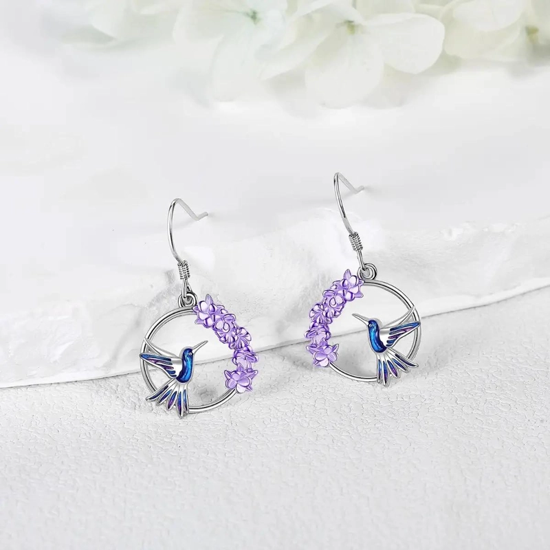 AROS COLIBRI DE PLATA 925 CON DISEÑO FLORAL PARA MUJER - 2
