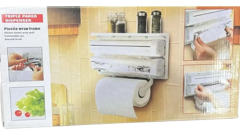 DISPENSADOR TRIPLE PARA ROLLOS DE TOALLA Y FILM EN COCINA - 1