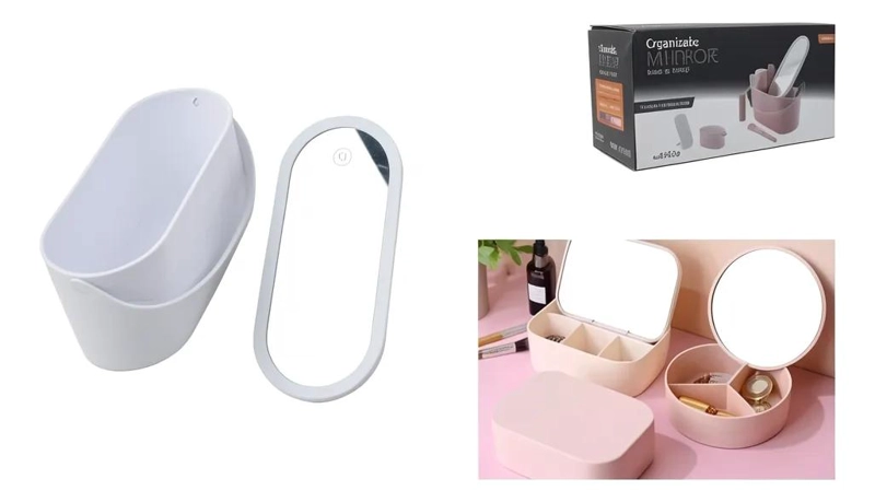 ORGANIZADOR DE MAQUILLAJE CON ESPEJO Y COMPARTIMENTOS - 1