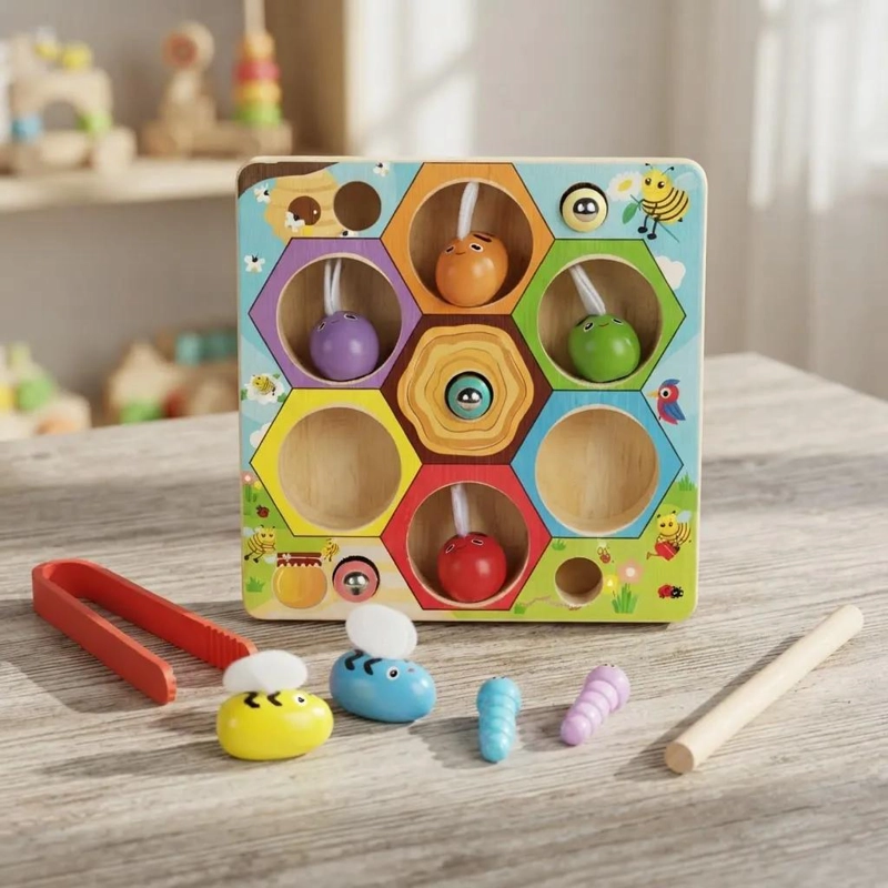 JUEGO DE MADERA MONTESSORI ABEJAS Y GUSANOS PARA MOTRICIDAD - 1