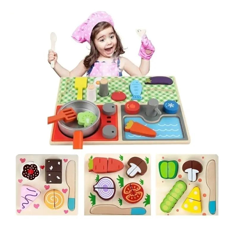 PACK DE 4 PUZZLES DE MADERA PARA JUGAR A COCINAR - 1