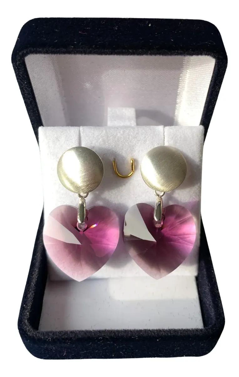 AROS DE PLATA LEY 925 CON CRISTAL AUSTRIACO EN FORMA DE CORAZON - 2