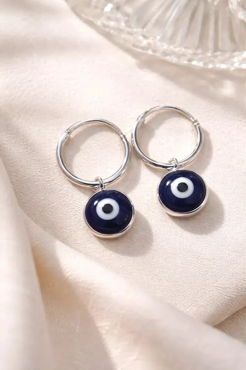 AROS COLGANTES DE PLATA ITALIANA CON OJITO TURCO AZUL - 1