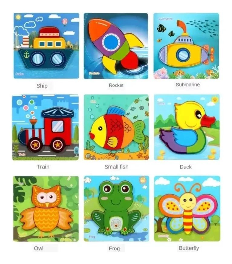 PUZZLE DE MADERA PARA NIÑOS CON ANIMALES Y TRANSPORTE - 9