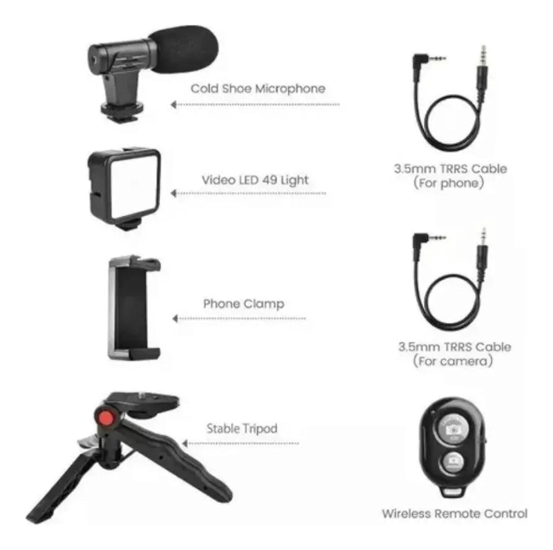 KIT DE GRABACION CON MICROFONO, LUZ LED Y TRIPODE AJUSTABLE - 7