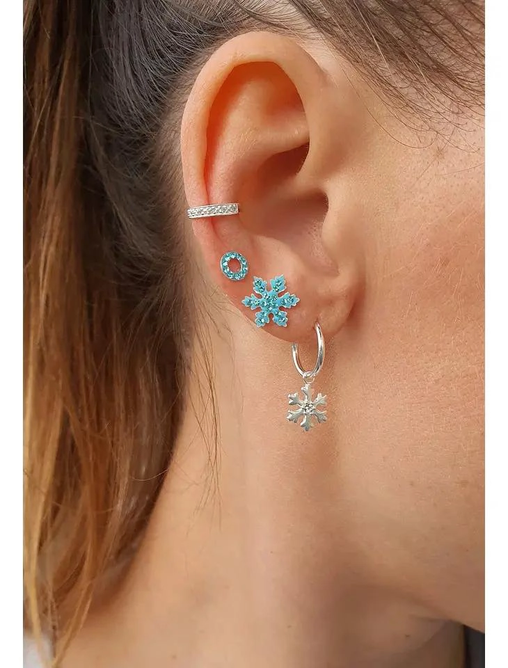 AROS DE PLATA 925 CON DISEÑO DE COPO DE NIEVE CELESTE - 3