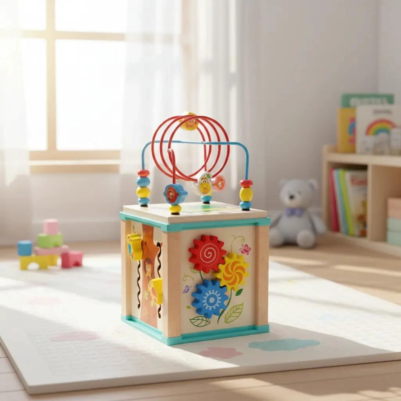 CUBO DIDACTICO DE MADERA CON LABERINTO Y ACTIVIDADES EDUCATIVAS - 3