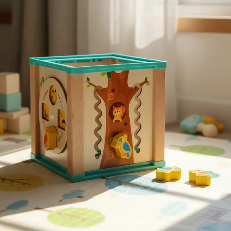 CUBO DIDACTICO DE MADERA CON LABERINTO Y ACTIVIDADES EDUCATIVAS - 4