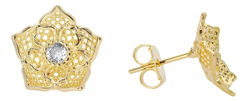 AROS ENCHAPADOS EN ORO CON DISEÑO FLORAL Y CIRCON - 1