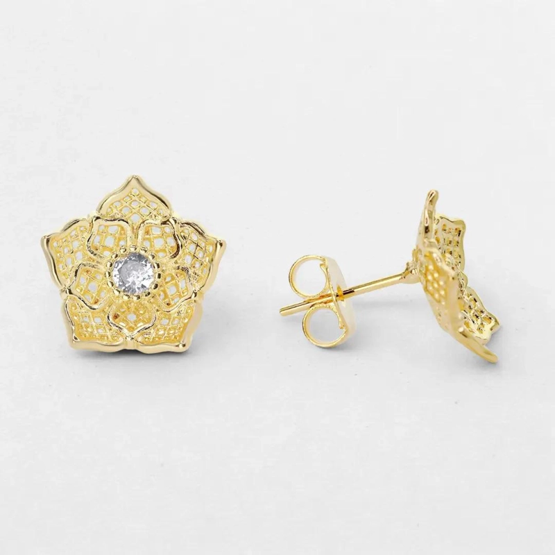 AROS ENCHAPADOS EN ORO CON DISEÑO FLORAL Y CIRCON - 9