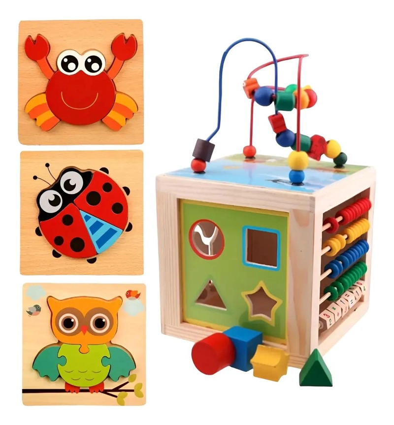 CUBO DE MADERA EDUCATIVO 5 EN 1 CON 3 PUZZLES PARA NIÑOS - 1