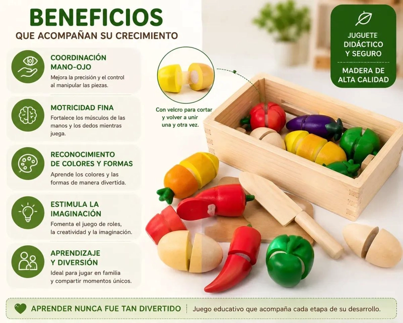 SET DIDACTICO DE VERDURAS DE MADERA CON VELCRO PARA NIÑOS - 5