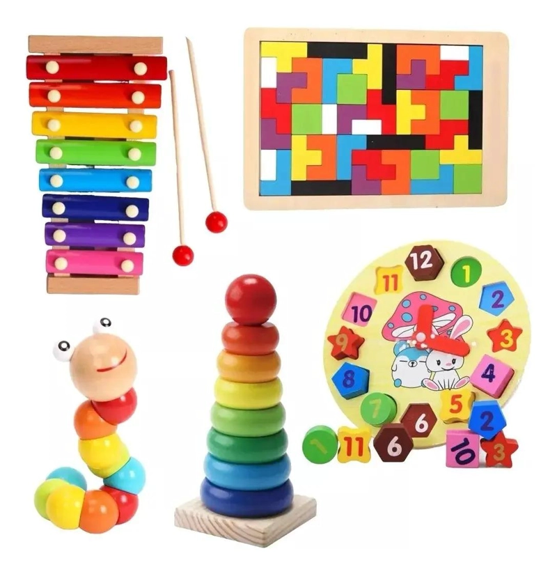 PACK DE 5 JUGUETES DIDACTICOS DE MADERA PARA DESARROLLO INFANTIL - 1