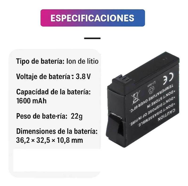 BATERIA RECARGABLE 1600 MAH PARA CAMARAS DE ACCION - 3