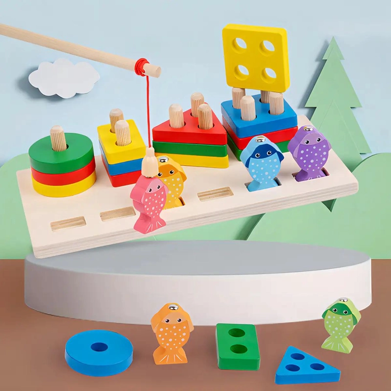 JUEGO DE PESCA MAGNE TICO Y ENCAJE DE MADERA PARA NIÑOS - 1