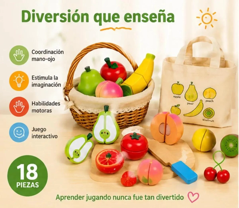 JUEGO DIDACTICO DE FRUTAS DE MADERA PARA CORTAR 18 PIEZAS - 5