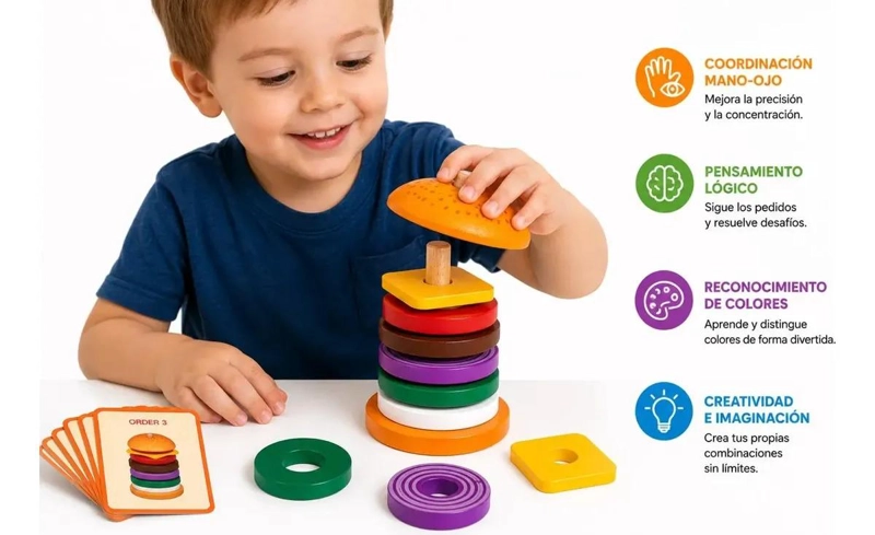 JUEGO DIDACTICO DE MADERA PARA CREAR HAMBURGUESAS - 1