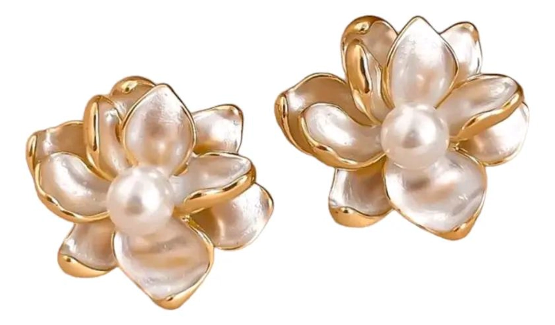 AROS ELEGANTES DE FLOR CON PERLA Y BAÑO DE ORO 18K - 1