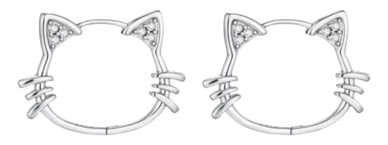 AROS DE PLATA LEY 925 CON DISEÑO DE GATO Y CIRCONES - 1