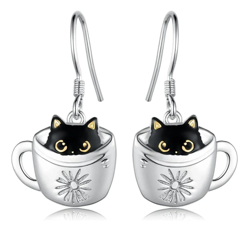 AROS DE PLATA 925 GATITO EN TAZA CON FLOR PARA MUJER - 1
