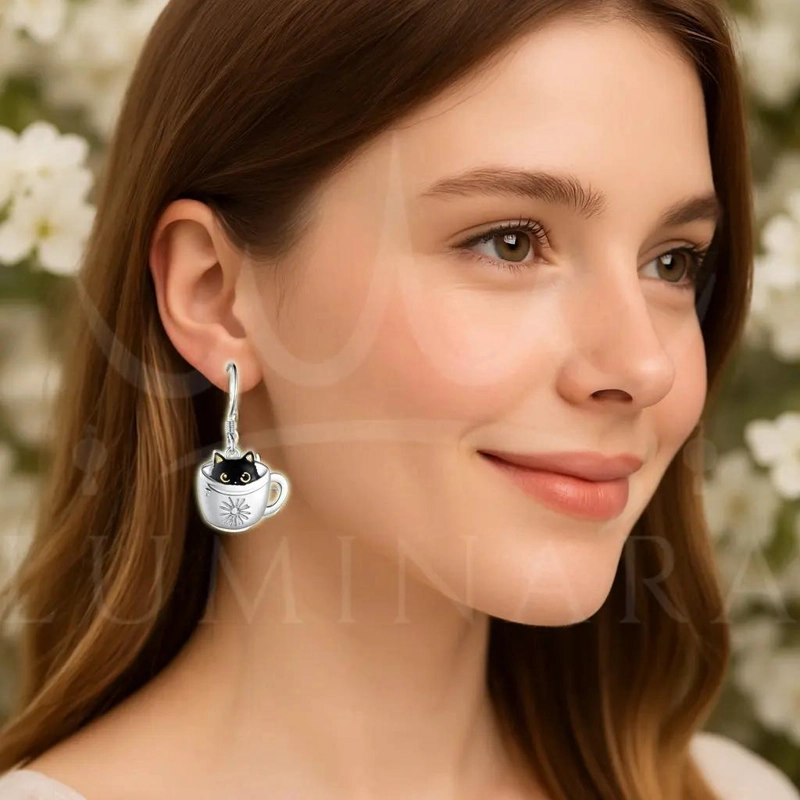 AROS DE PLATA 925 GATITO EN TAZA CON FLOR PARA MUJER - 2