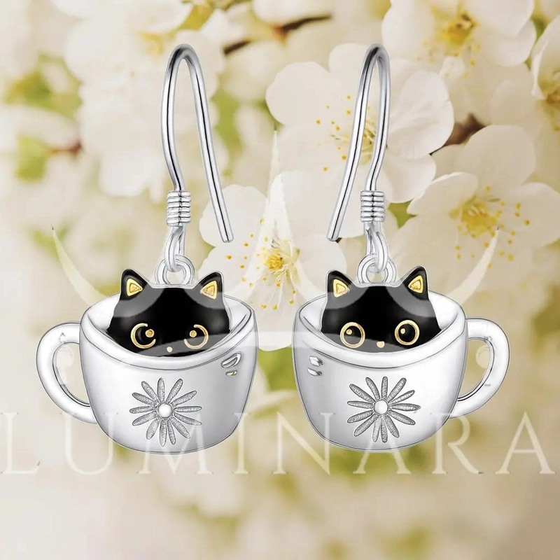 AROS DE PLATA 925 GATITO EN TAZA CON FLOR PARA MUJER - 3