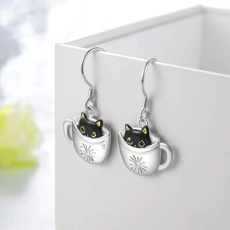 AROS DE PLATA 925 GATITO EN TAZA CON FLOR PARA MUJER - 4